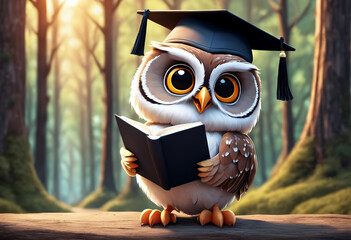 Cute and adorable little owl in graduation cap holds book. Generative AI