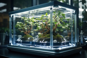 Growing plant seedlings under a LED lights, plants factory automated. Future technology, innovation and smart agriculture. Generate with AI