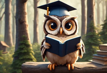 Cute and adorable little owl in graduation cap holds book. Generative AI