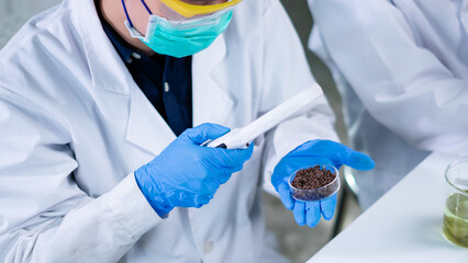 Scientist use magnifying glass to analyze soil, fertilizer or dirt sample. Biotechnology, agricultural, and geology laboratory. Exploration and developing quality of soil. Pollution and chemical test - obrazy, fototapety, plakaty