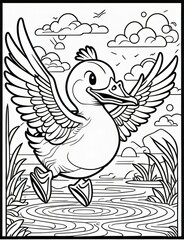 Fototapeta na wymiar Duck in water coloring pages for adults and kids, relaxation therapy