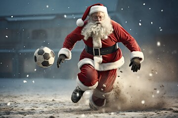 Santa Claus playing soccer and kicking the ball with snowfall in the background, Christmas sport...