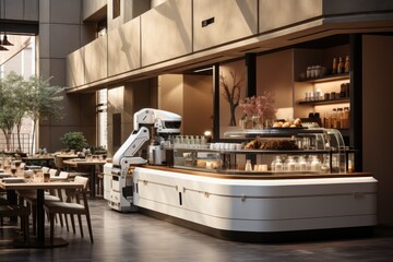 Robot arms preparing coffee in restaurant. Created with Generative AI.