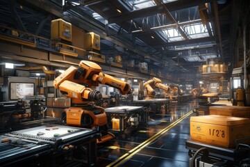 Automation Warehouse mega store industrial with generative Ai, Wide shot.