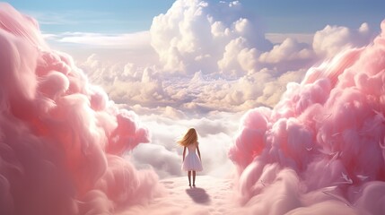 a girl walking on the heaven way with pink cloud and blue sky, Generative Ai