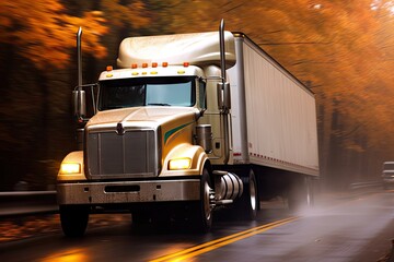 Trucking industry in motion on highway. Fast speeding cargo delivery. On road. Hauling freight into sunset. Logistics in action