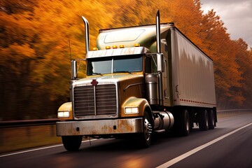 Trucking industry in motion on highway. Fast speeding cargo delivery. On road. Hauling freight into sunset. Logistics in action