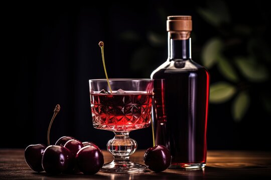 close up Cherry brandy in luxury glass bottle with glass and cherry, Generative Ai