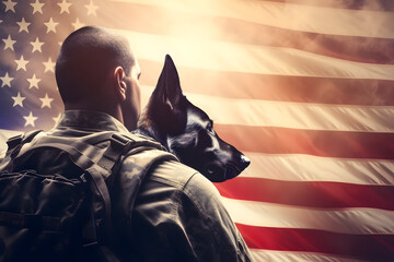 Veterans Day Tribute The Back of an American Military Man Stands Tall with His Service German Shepherd, Set Against the Proud Backdrop of the US Flag  - obrazy, fototapety, plakaty