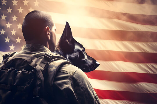 Veterans Day Tribute The Back of an American Military Man Stands Tall with His Service German Shepherd, Set Against the Proud Backdrop of the US Flag 