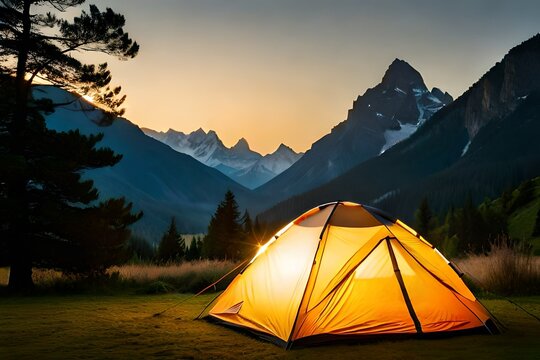 Outdoor camping tent with tarp or flysheet on grass courtyard and warm night light under dark blue sky twilight time, family vacation picnic on holiday relax, Overview of camping of family tourist 