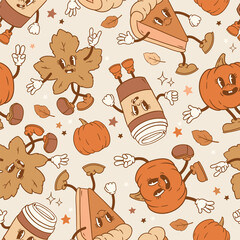 Seamless vector pattern with cute vintage characters. Autumn pumpkin, pie, coffee, leaves and stars. Perfect for textile, wallpaper or print design.