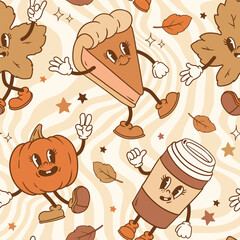 Seamless vector pattern with cute vintage characters. Autumn pumpkin, pie, coffee, leaves and stars. Perfect for textile, wallpaper or print design.