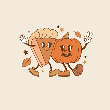 Vector illustration with cute vintage characters. Autumn pumpkin, pie, leaves and stars. Perfect for logo or card design.