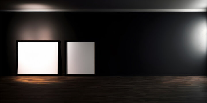 Creative mock concept. Empty dark large empty wall room with natural shadow and spotlight on blank frames . Banner template for product presentation. Mock up	
