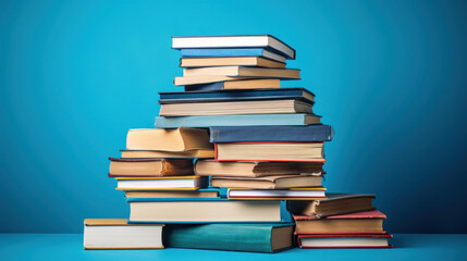 Pile of books organized on top of each other in a blue background - obrazy, fototapety, plakaty