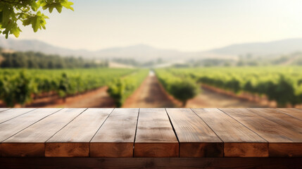 Empty wooden table top with blur background of vineyard