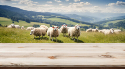 Empty wooden table top with blur background of sheep pasture