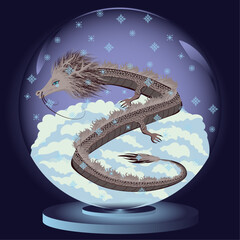 snow globe, Dragon, happy new year, 2024, 2024 year of the dragon, blue dragon, vector, illustration,new year, dragon tail,dragon paw,dragon hair, dragon head, , snow falls in winter, 
