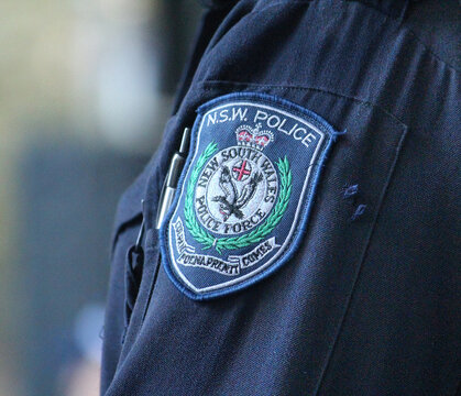 Sydney, NSW Australia - April 25 2021: Close up of the badge on a NSW police officers uniform