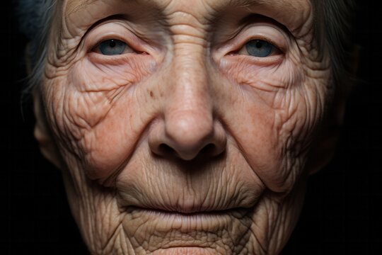 The performance of body aging shall be marked with wrinkles, spots. Blue eyes of senior old lady