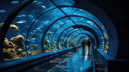 Fototapeta premium a glass tunnel in the aquarium with fish swimming around it
