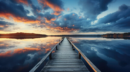 a wooden walkway goes into the water, with a dramatic sky