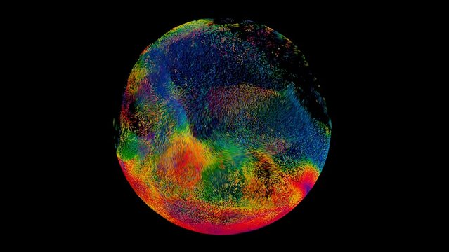 3D animation featuring rainbow particles forming dynamic waves and dust. Color shifts correlate with particle speed. Captured in high quality 4K for visual applications across diverse platforms.