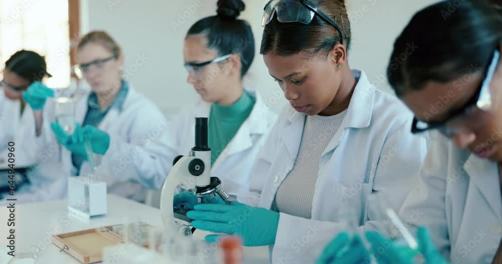 Poster University, science and students in laboratory with microscope for learning, lesson and practical. Chemistry class, biology and girl with equipment for sample study, education and research at school