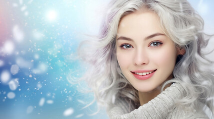 The face Asia of a woman Japanese with white hair in the snow.Beautiful woman with long white hair watercolor illustration, horizontal copy space background. Ai.Abstract fashion concept.