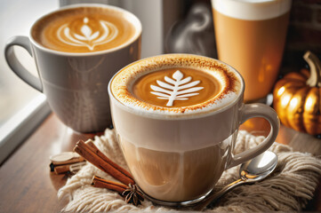 A cozy image featuring a pumpkin latte with beautifully crafted art foam
