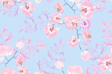 Seamless pattern, pink orchid on pastel blue lace background.Designed with floral patterns painted with watercolors with elegant patterns.Orchid Bouquet.