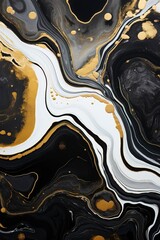 Suminagashi marbled liquid background with gold, black and white colors