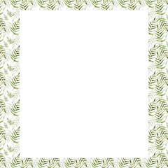 Fototapeta na wymiar Fern watercolor square frame. Frame with forest greenery. Forest green fern leaves for cards, wedding invitations, packaging design, printing.