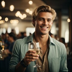 A man at a bar holds a glass of wine in his hand and smiles