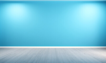 Empty light blue interior background. blue textured empty wall and wooden floor with beautiful lighting for product presentation