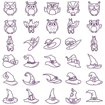 Free vector collection of line art illustrations for Halloween theme stickers, owls, witch hats and bats