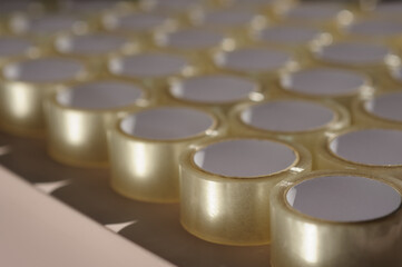 many rolls of transparent tape for packing goods and mailings