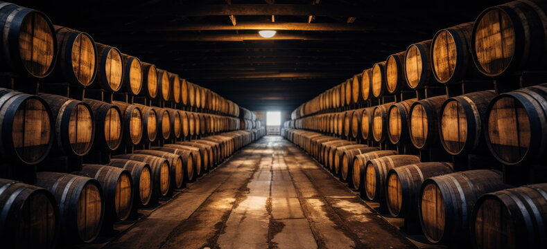 Whiskey, bourbon, scotch, wine barrels in an aging facility. 