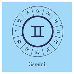 Gemini sign. Gemini zodiac sign symbole on blue background horoscope astrology. Astrological calendar. Zodiacal blue vector horoscope. Line (man, male, boy, baby boy)