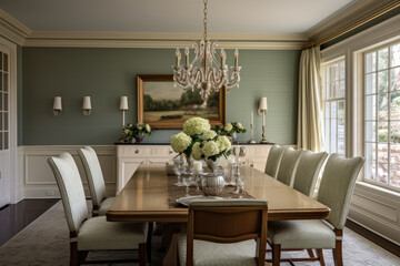 A Serene Dining Room Bathed in Sage Green and Cream Colors, Creating a Tranquil and Elegant Ambiance