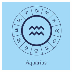 Aquarius sign. Aquarius zodiac sign symbole on blue background horoscope astrology. Astrological calendar. Zodiacal blue vector horoscope. Line (man, male, boy, baby boy)