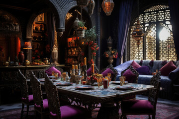 Fototapeta na wymiar Exquisite Moroccan Bohemian Dining Room Interior with Opulent Jewel Tones and Ornate Patterns