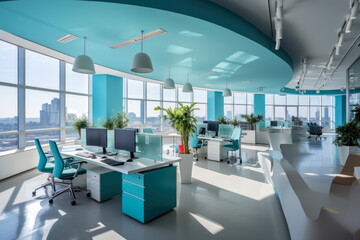 Vibrant and Modern Office Interior Immersed in a Spectrum of Cyan Colors