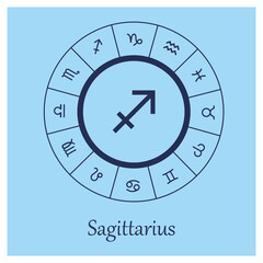 Sagittarius sign. Sagittarius zodiac sign symbole on blue background horoscope astrology. Astrological calendar. Zodiacal blue vector horoscope. Line (man, male, boy, baby boy)