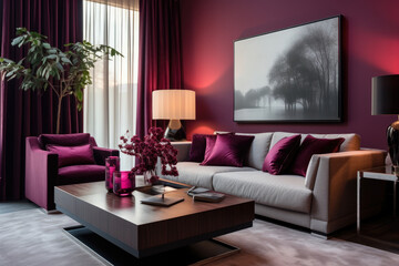 Elegance and Comfort Unite: A Captivating Modern Living Room Interior in Rich Plum Colors