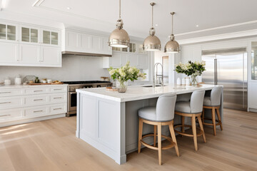 A Serene Coastal Haven: Embracing the Elegance of Hamptons-inspired Design in a Modern Kitchen