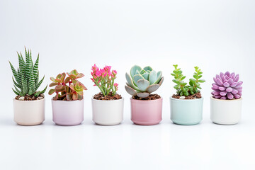 Obraz premium Beatiful succulent plants in pots on white background