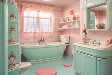 Step into the Past: A Nostalgic Journey through a Retro 1950s Bathroom with Charming Pastel Colors and Vintage Appliances