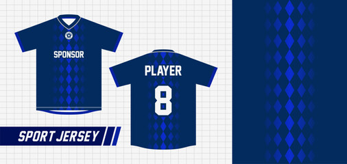 SPORT JERSEY DESIGN WITH A RHOMBUS PATTERN ON A METALLIC BLUE BACKGROUND